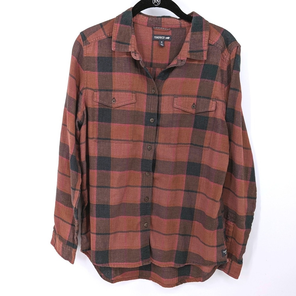 Toad&Co Button Down Women Medium Brown Plaid Flannel Recycle Cotton Blend Casual